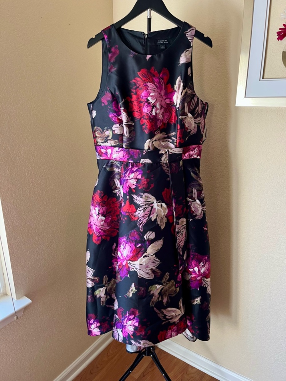 Tahari ASL Black Floral Midi Dress with Pink & Cream Blooms